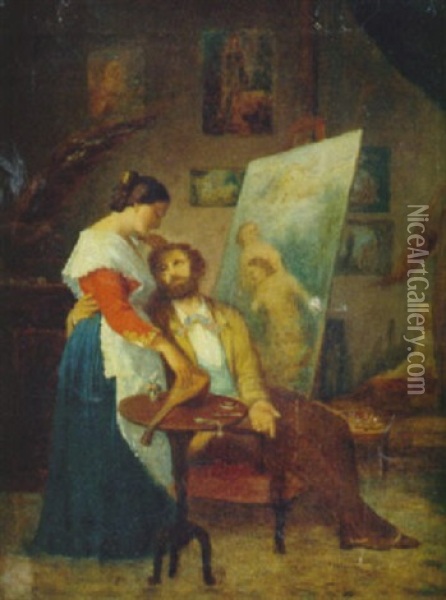 La Melancolia Del Artista O El Artista Y La Musa Oil Painting - Valeriano (Valerio) Dominguez Becquer