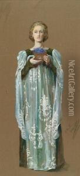 Full Length Portrait Of A Lady Holding A Bowl Of Violets Oil Painting - Henry Maynell Rheam