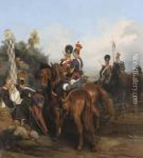 Life Guard Lancer Regiment And Guard Horse Grenadier Regiment At Rest Oil Painting - Bogdan Pavlovich Villevalde