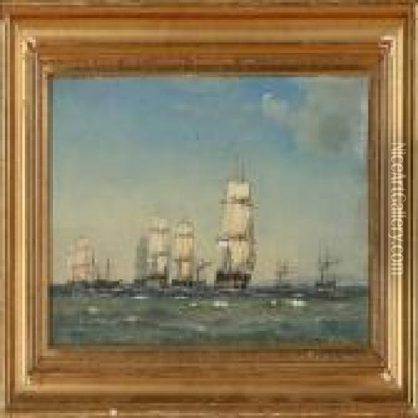 Marine Med Fregatter Oil Painting - C. F. Sorensen