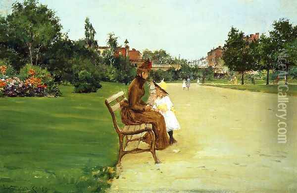 The Park, mother and girl Oil Painting - William Merritt Chase