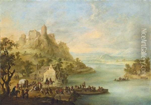 An Extensive River Landscape With Figures At A Ferry Oil Painting - Franz de Paula Ferg