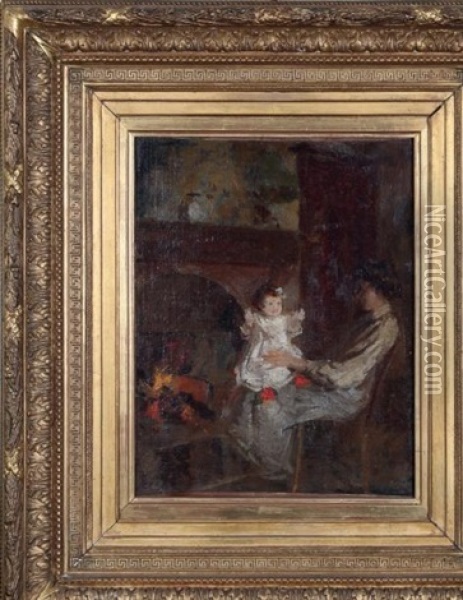 Jeune Mere Et Son Enfant Pres D'une Cheminee Oil Painting - Henri Stanislaus Rouart