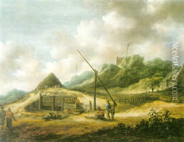 A Dune Landscape With Huts, A Draw-well And A Wooden Cistern Oil Painting - Francois Van Knibbergen