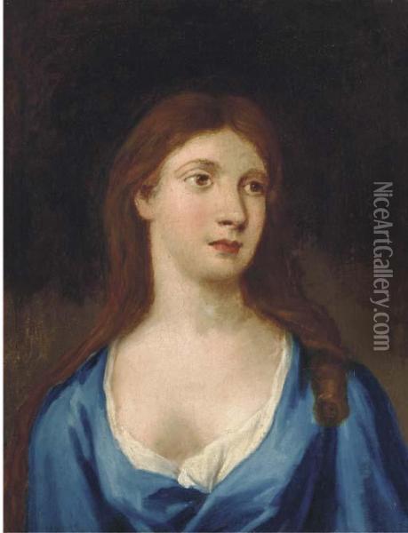 Portrait Of Mary Knyfton, Bust-length, In A Blue Dress Oil Painting - Sir Godfrey Kneller