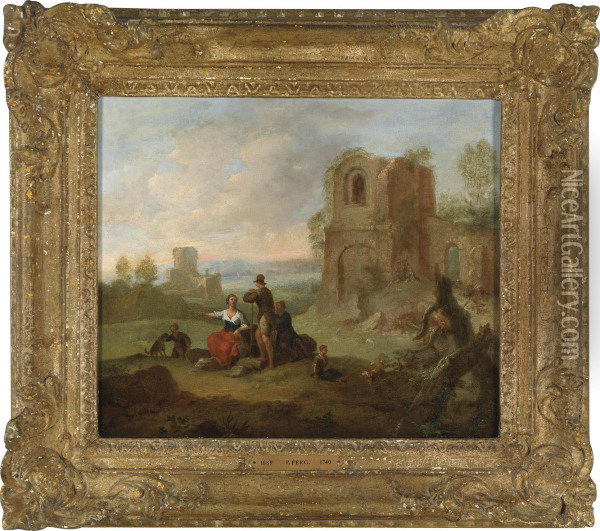 A Pair Of Landscapes With Ruins Andhorsemen Oil Painting - Franz Ferg