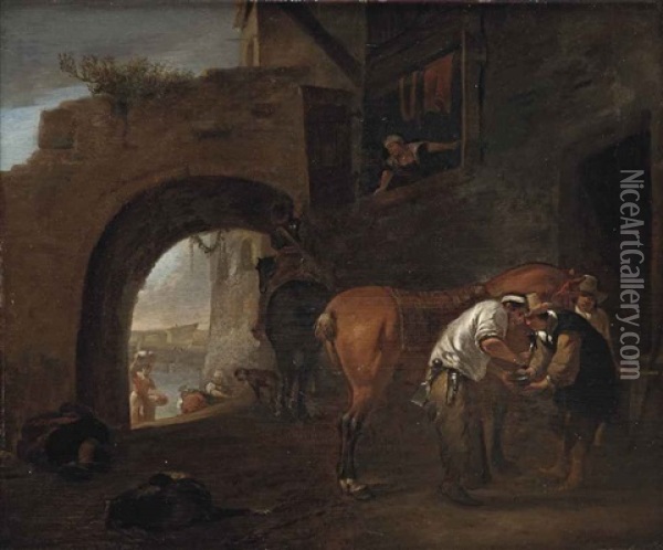 A Blacksmith On The Outskirts Of A City Wall, An Italianate River Landscape Beyond The Archway Oil Painting - Hendrick Verschuring