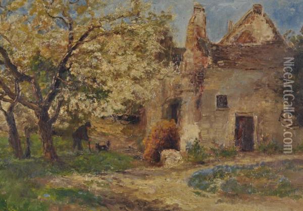 Figure Outside An Old Stone Cottage Oil Painting - John Clayton Adams