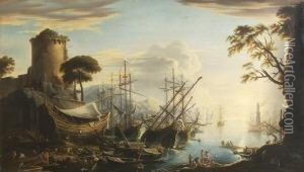 Segelschiffe Im Hafen. Oil Painting - Claude-joseph Vernet