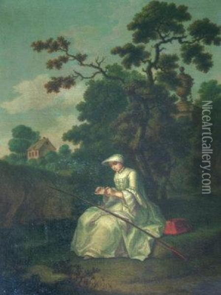 Portrait Of A Lady Fishing By A River With Woodland And A Cottage In The Distance Oil Painting - Hieronymus Lapis