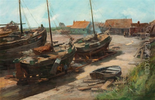 Barges On The Wharf Of Scheveningen Oil Painting - Joseph Gerardus van Jole