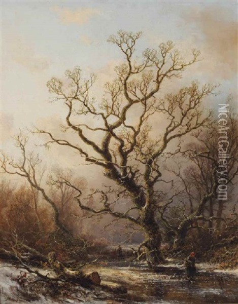 A Wooded Landscape In Winter Oil Painting - Pieter Lodewijk Francisco Kluyver