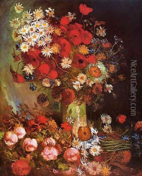 Vase with Poppies, Cornflowers, Peonies and Chrysanthemums Oil Painting - Vincent Van Gogh