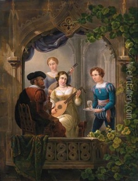 Musikalische Unterhaltung Am Balkon Oil Painting - Henricus-Franciscus Wiertz