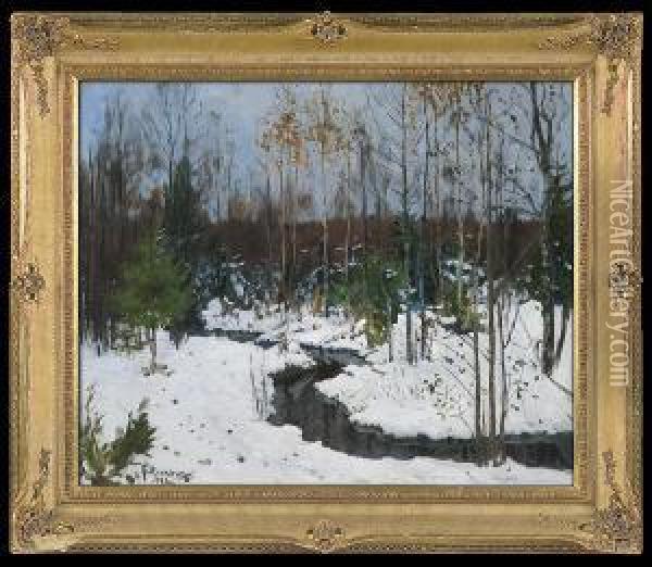 Forest Streem In Winter Oil Painting - Stanislaw Zukowski