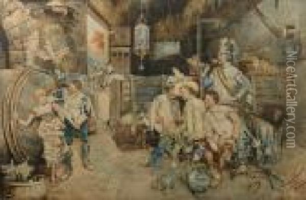 Cavaliers Carousing In A Barn Oil Painting - Guiseppe Signorini