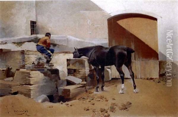 Patio De Cuadra (the Stable Yard) Oil Painting - Josep (Jose) Cusachs y Cusachs