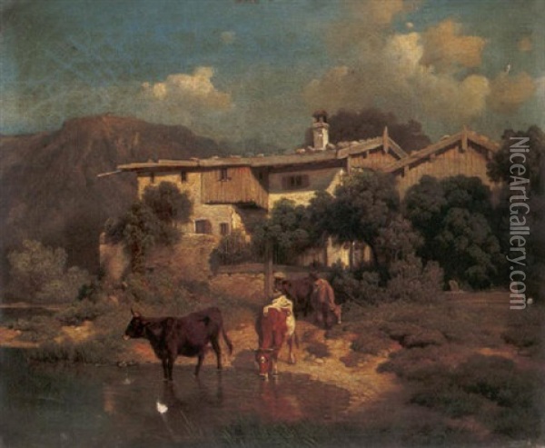 Bauernhaus Mit Kuhen Oil Painting - Robert Eberle