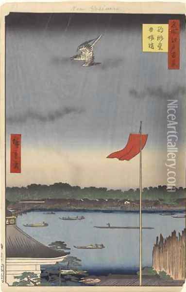 Komokata Hall and Azuma Bridge No62 from One Hundred Famous Views of Edo Oil Painting - Utagawa or Ando Hiroshige