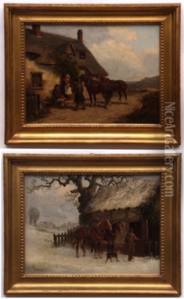 Figures And Horses Before The Swan Inn And Winter Landscape With Figure Oil Painting - Thomas Smythe