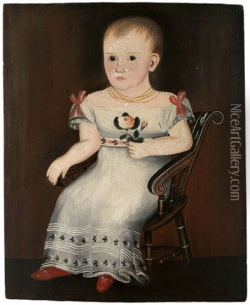 Portrait Of A Child In White Dress Holding A Rose And Seated In A Fancy Painted Scroll Back Chair Oil Painting - Sheldon Peck