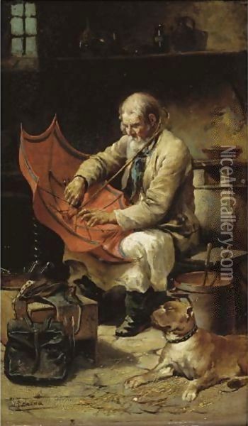 The Umbrella Maker Oil Painting - Jose De Echenagusia Errazquin