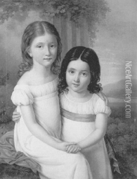 Portrait De Deux Jeunes Fillettes Sur Fond De Paysage Oil Painting - Benjamin De Rolland