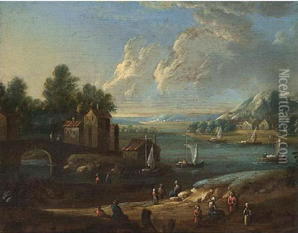 An Extensive River Landscape With Figures Resting On A Path Oil Painting - F. Flanders