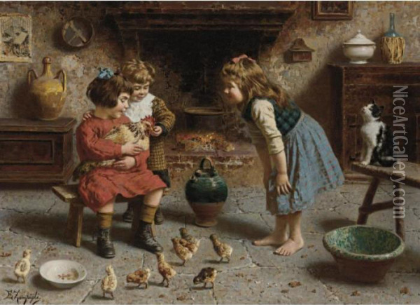 Tending The Chickens Oil Painting - Eugenio Zampighi
