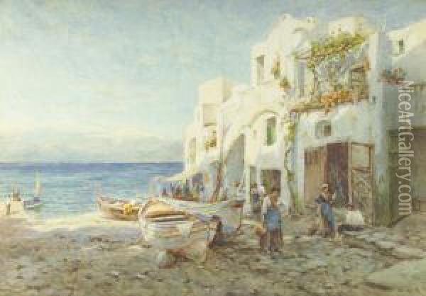 Italian Coastal Scene With Figures And Fishing Boats Oil Painting - Tom Clough