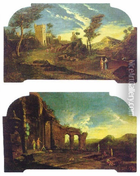 Figures On A Path By A City Wall, In A Landscape   & Figures On A Ruined Terrace By A Lake Oil Painting - Michele Marieschi