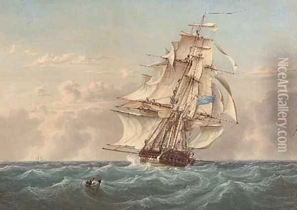 A Royal Naval two-decker heaving-to to pick up a man overboard Oil Painting - William Joy