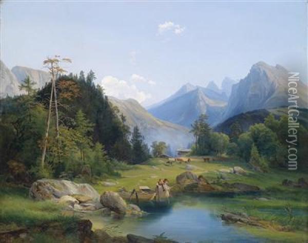 Mountain Landscape With Decorative Figures Oil Painting - Joseph Holzer