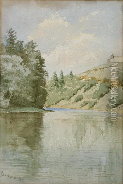Landscape With Lake,watercolor, Signed And Dated '82 L/l Oil Painting - Charles George Copeland