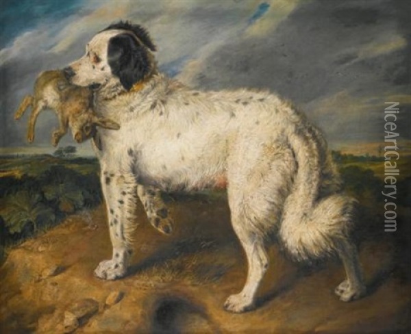 The Champion; Venus, A Landseer Newfoundland With A Rabbit Oil Painting - Sir Edwin Henry Landseer