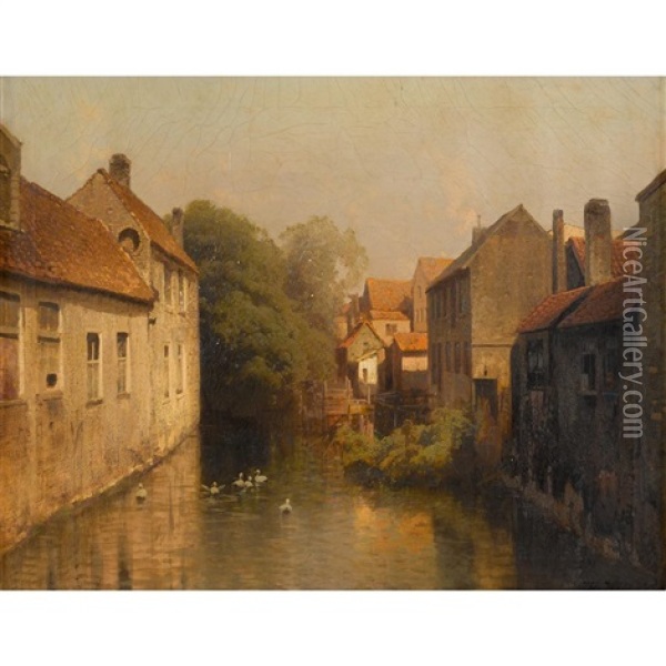 Town On A Canal Oil Painting - Hermann Herzog