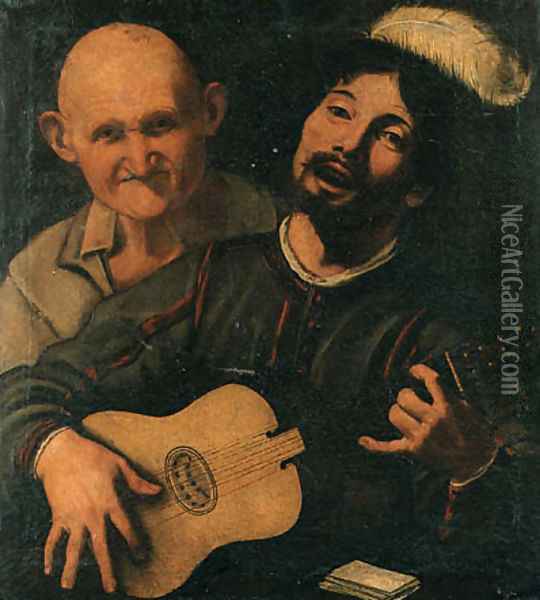 A guitar player and an old man attending Oil Painting - Pietro Paolini