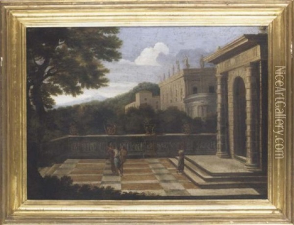 Figures On A Terrace Before A Gateway, A Palace Beyond Oil Painting - Claude Lorrain