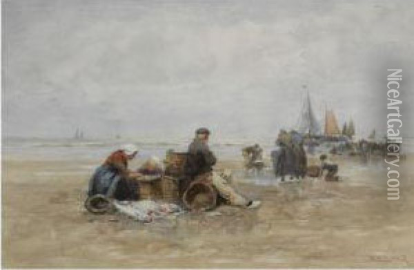 Fishermen On The Beach Oil Painting - Johan Mari Ten Kate