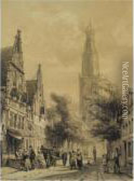 Figures In The Westerstraat With The Westerkerk In The Distance, Enkhuizen Oil Painting - Cornelis Springer