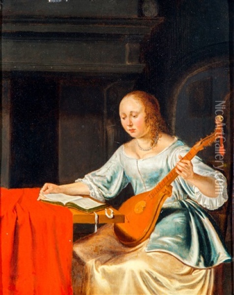 Jonge Vrouw In Blauw Satijnen Jas En Een Citer, Gezeten Aan Een Tafel Oil Painting - Pieter Cornelisz van Slingeland