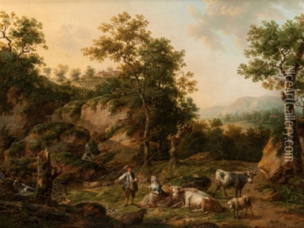Landscape With Cowherd And Shepherdess Oil Painting - Henri-Joseph Antonissen