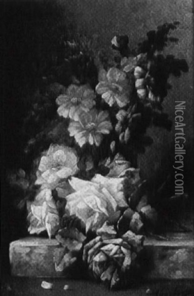Still Life Of Roses And Dahlias Oil Painting - Modeste (Max) Carlier