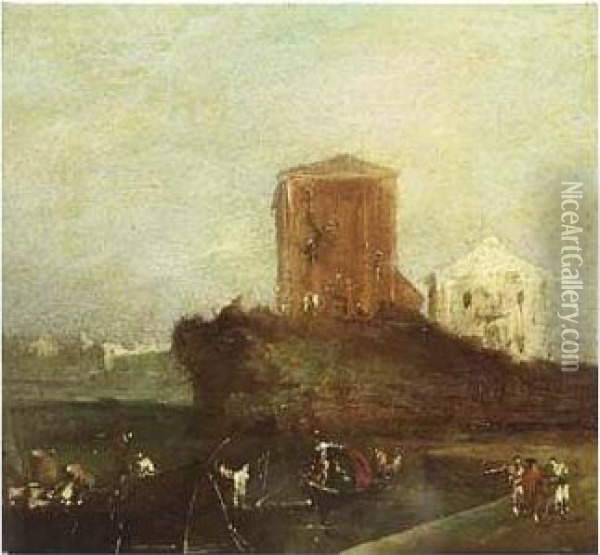 A View On A Quay With A Tower Beyond Oil Painting - Francesco Guardi