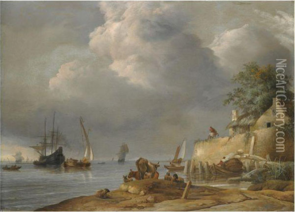 A Coastal Shipping Scene With 
Cattle And Sheep In The Foregroundand A Man On Horseback Outside An Inn Oil Painting - Jan van Os