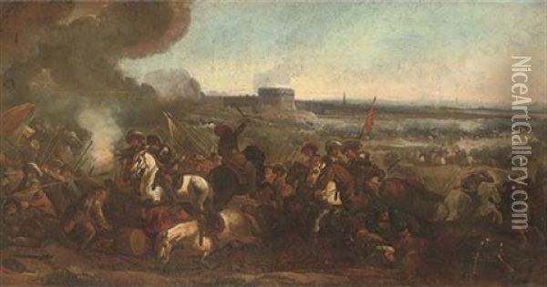A Cavalry Skirmish Before A Fortified Town Oil Painting - Jacques Courtois