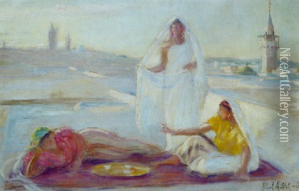 Jeunes Femmes Sur Une Terrasse A Tunis Oil Painting - Albert Aublet