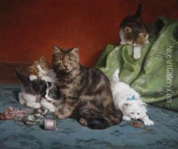 Kittens At Play Oil Painting - Daniel Merlin
