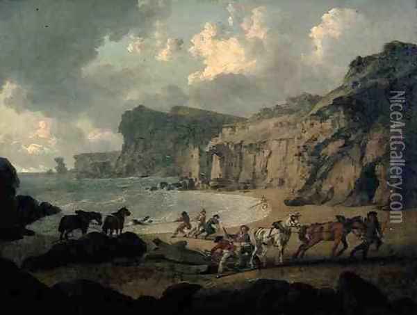 Bidslater Bay Near Stackpool Pembrokeshire Oil Painting - Julius Caesar Ibbetson