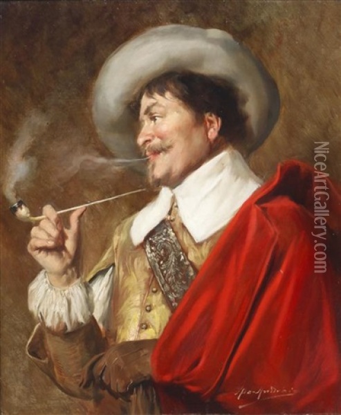 A Cavalier Smoking A Pipe Oil Painting - Alex De Andreis